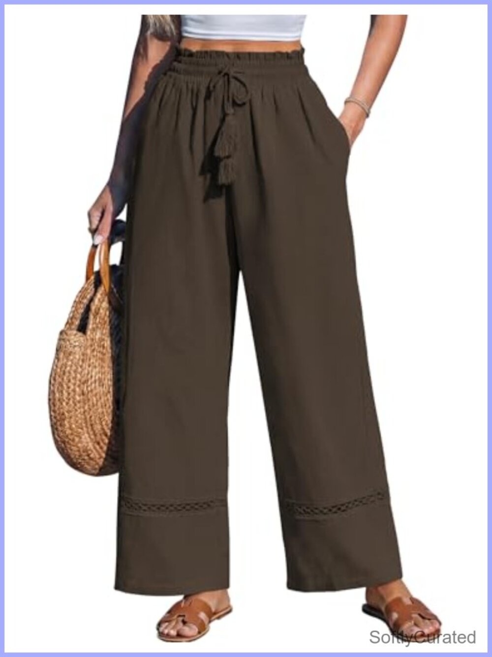 Womens Wide Leg Linen Blend Palazzo Pants High Waisted Drawstring with Pockets